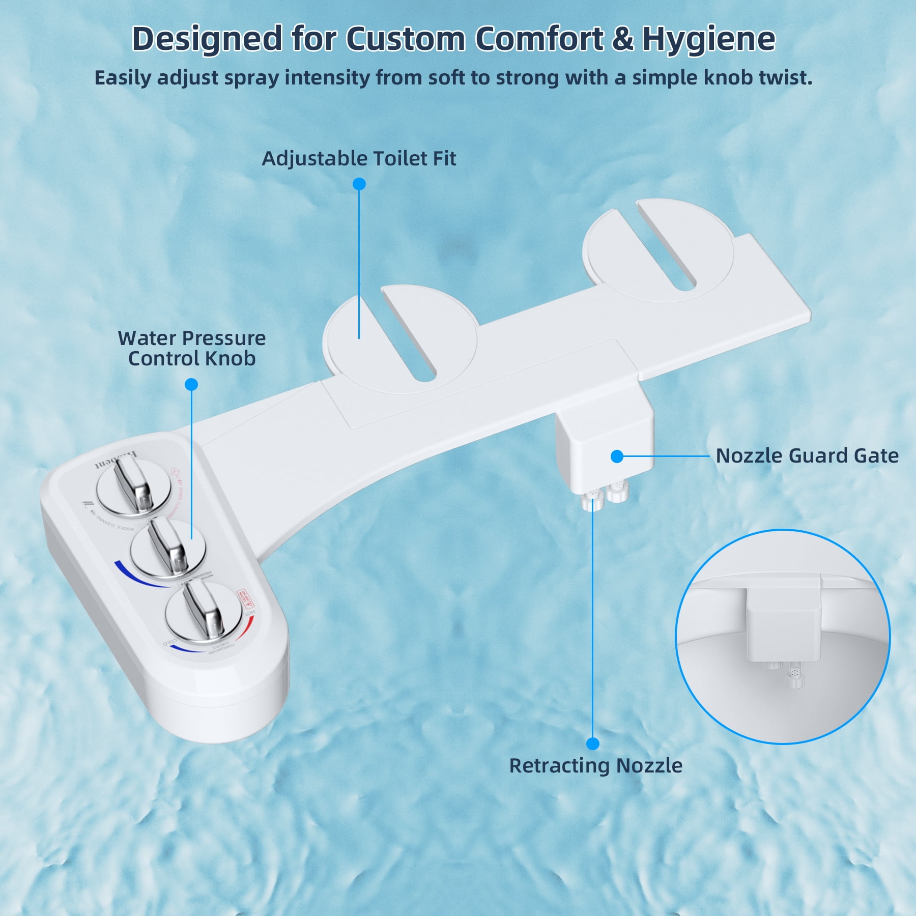 CADOVE Non-Electric Bidet Attachment for Toilet, Dual Self-Cleaning Nozzle, Hot & Cold Water