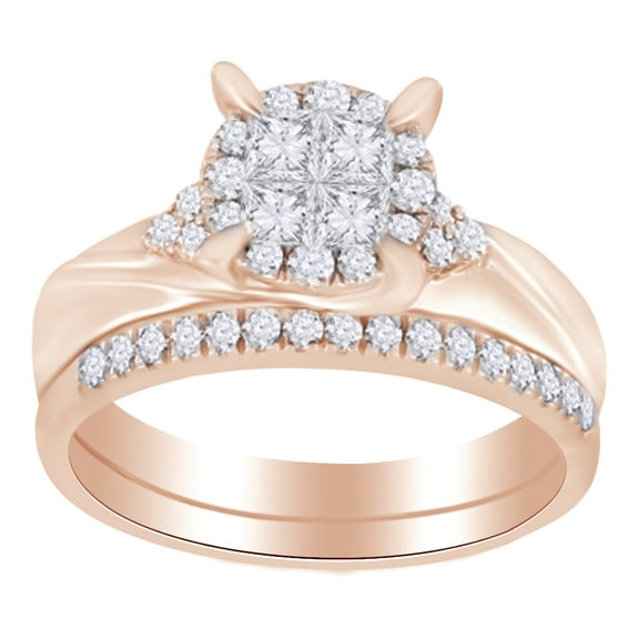 AFFY Round Cut (0.5 Cttw) White Natural Diamond Cluster Bridal Ring Set In 14K Solid Rose Gold
