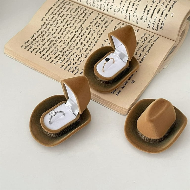 Creative Cowboy Hat Shape Rings Box Velvet Brown Jewelry Display