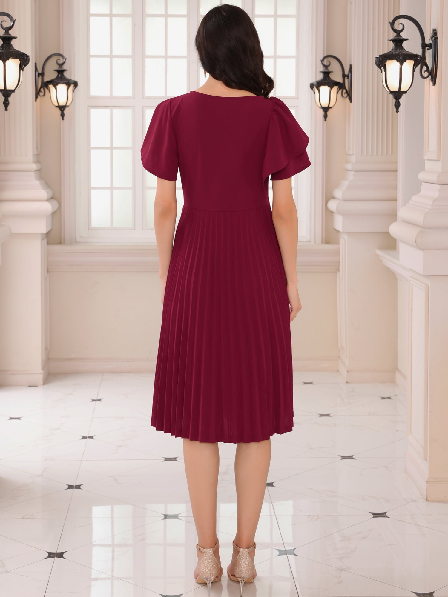 DARING DIVA Ruffled Sleeve Midi A-Line Pleated Work Dress L Dark Red