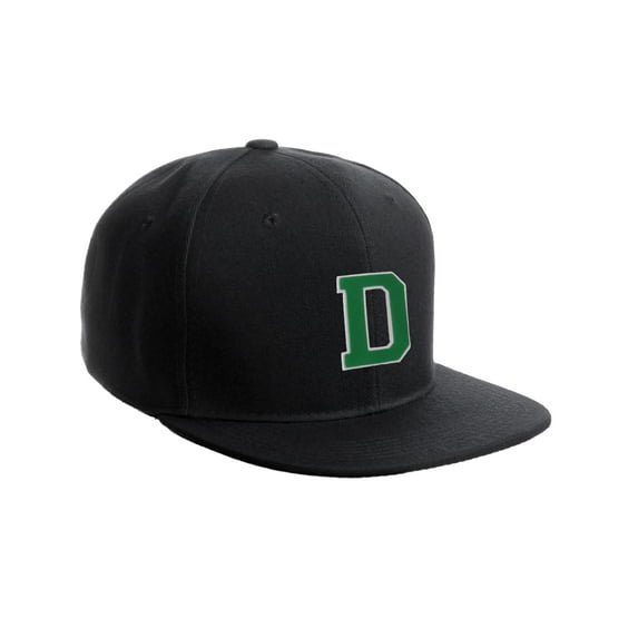 Classic Snapback Hat Custom A to Z Initial Raised Letters, Black Cap White Green Letter Initial D