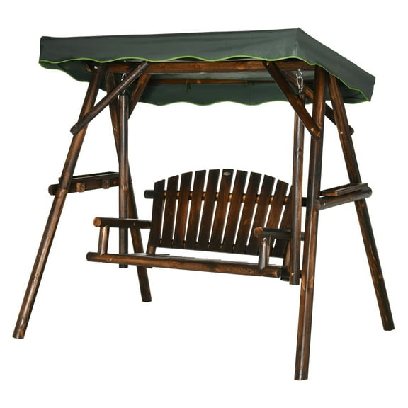 2-Person Patio Swing Chair, Outdoor Loveseat w/ Canopy & Trays - Wooden Porch Bench for Garden, Backyard, Poolside