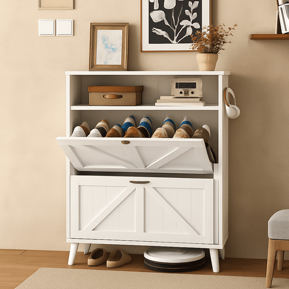 Farmhouse Shoe Storage Cabinet with Barn Door Design, Shoe Organizer with 2 Flip Drawers, Freestanding Narrow Shoe Rack Cabinet with Hooks for Entryway,Foyer,Hallway,(white)