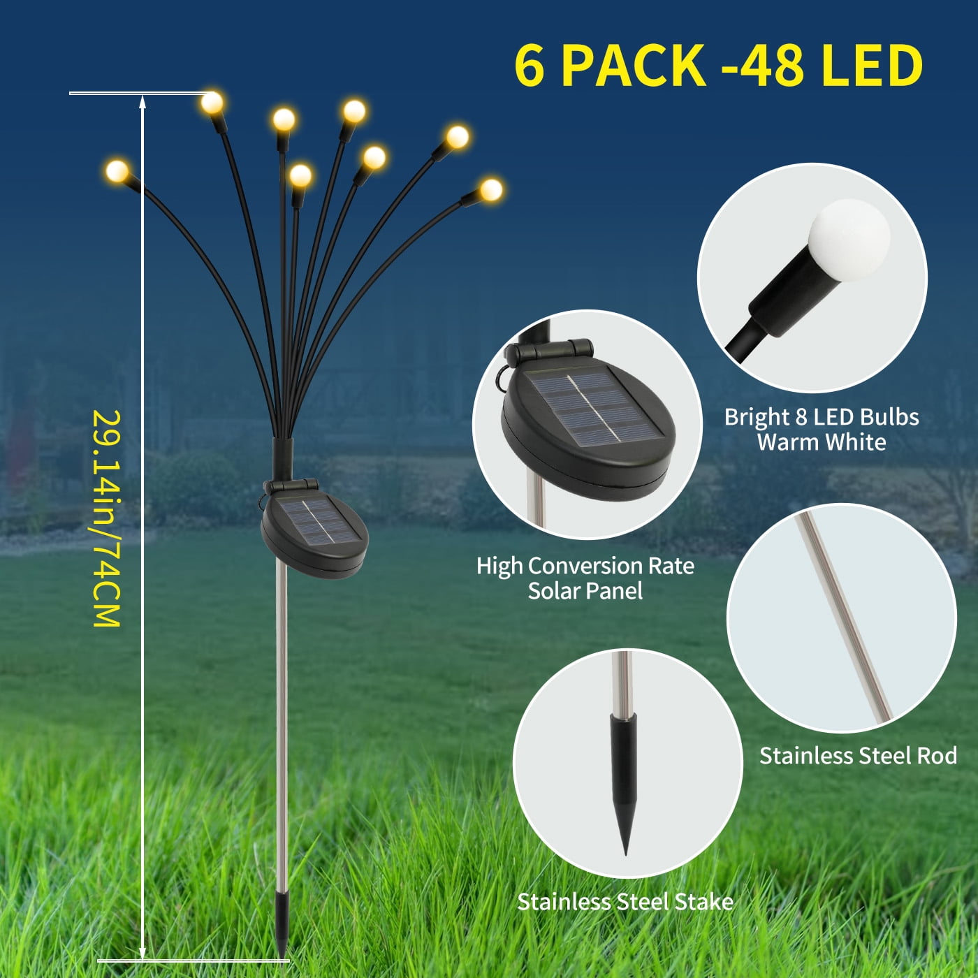 6 Pack Solar Lights Outdoor, Firefly Swaying Lighting for Yard Patio Pathway Decoration, Landscape Decoration Lighting for Garden, Lawn, Yard, Outdoor Decoration, Warm White