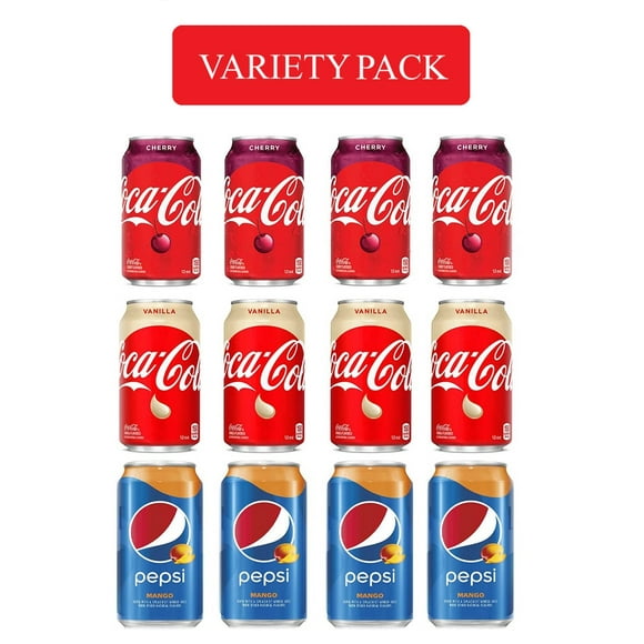 Variety soda Lovers 12 oz. pack of 12 Cans , coca cola cherry , Coca-Cola Vanilla , Pepsi Mango .by evaxo
