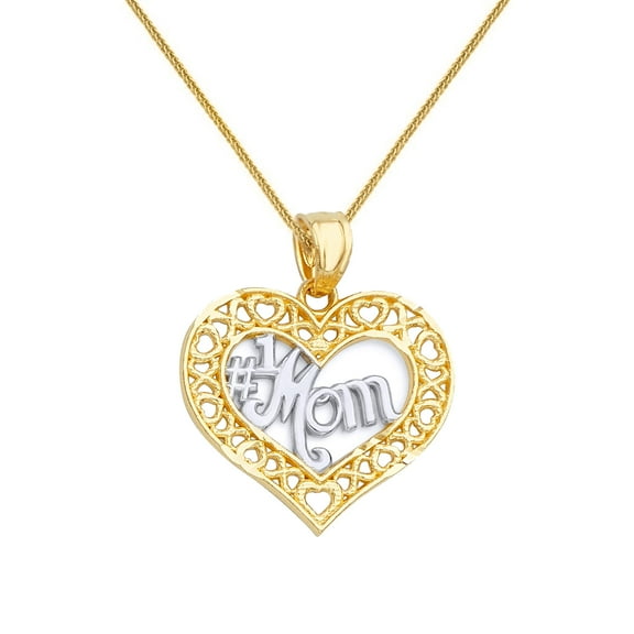 Precious Stars 14K Two-Tone Gold Open Heart '#1 Mom' Mother's Day Pendant with 16" Chain Necklace
