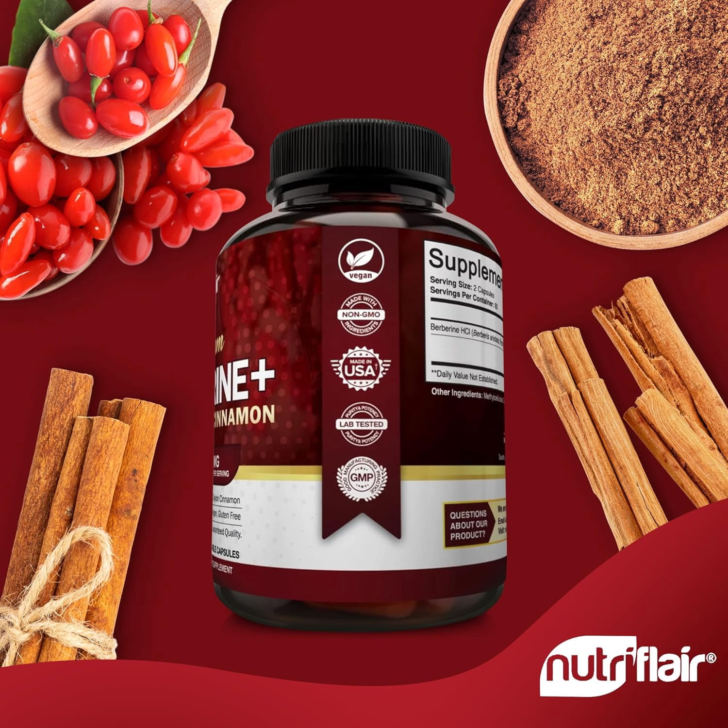 NutriFlair Berberine HCl 1200mg with Ceylon Cinnamon, 120 Capsules – High Potency Berberine Supplement, Non-GMO, Made in USA, 2-Month Supply