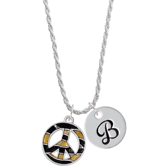 Delight Jewelry Silvertone Large Brown Tiger Print Peace Sign Silvertone Script Initial Disc - B - Charm Necklace, 20"+3"
