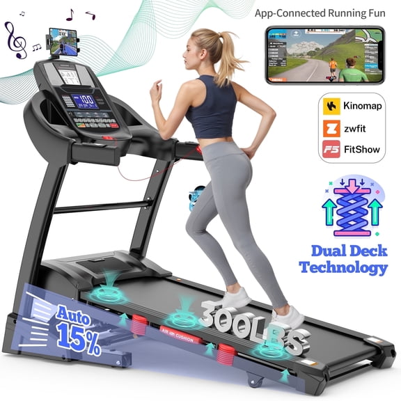 4.75HP Foldable Treadmill, 300lb Capacity, 15-Level Auto Incline, Smart APP w/ Virtual Run, 64 3 3 1 Preset Programs, 10MPH Speed, - Portable Treadmill for Home& Office Running and Walking