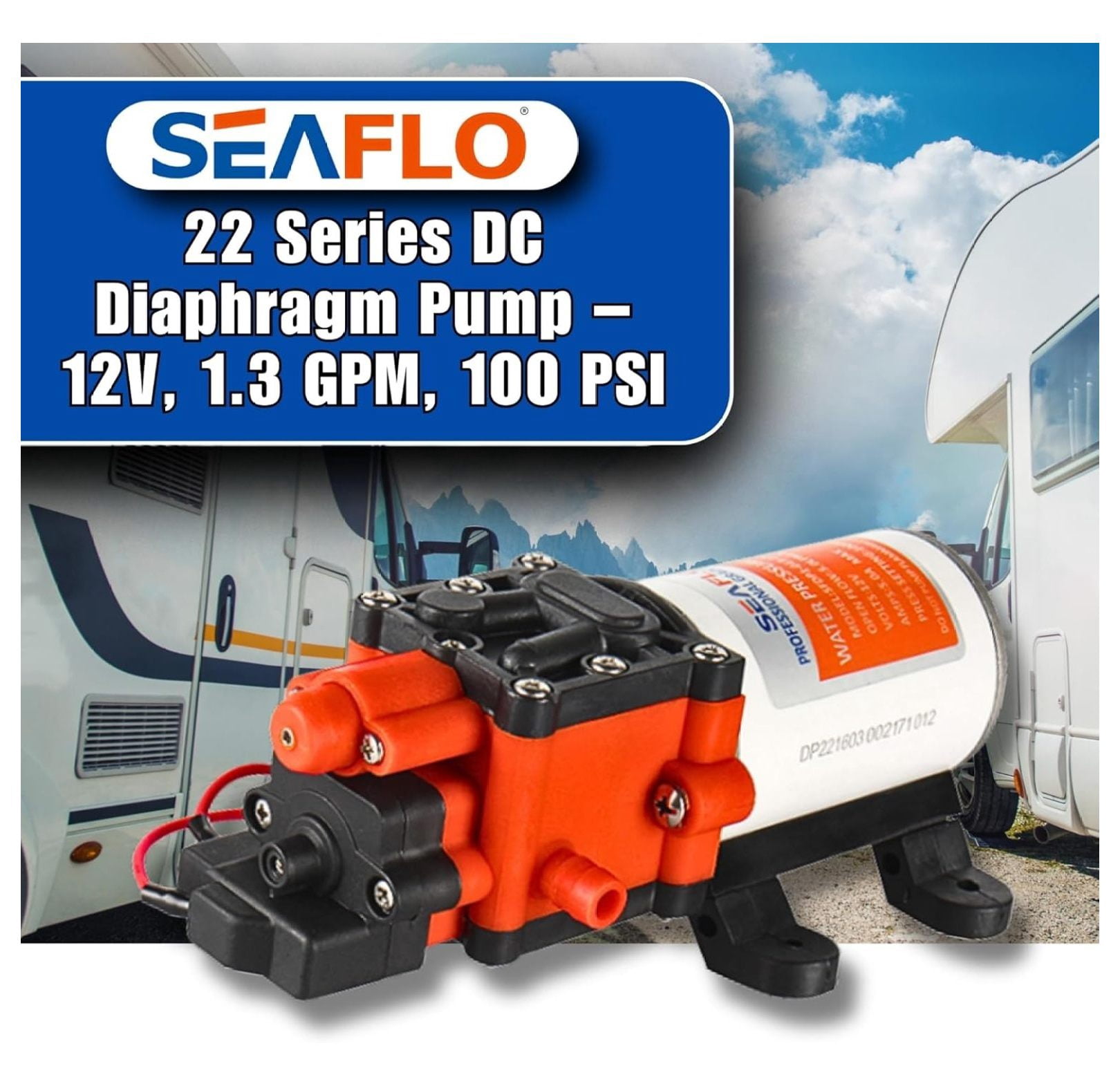 22-Series Water Pump - 12V, 1.3 GPM, 100 PSI - On-Demand Water Pressure Diaphragm Pump for Marine, RV, Agriculture, and Off-Grid Applications