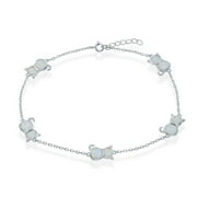 925 Sterling Silver Rhodium Plated White Created Opal Cat Design 9+1 Charm Anklet/Bracelet Jewelry for Women or Teens