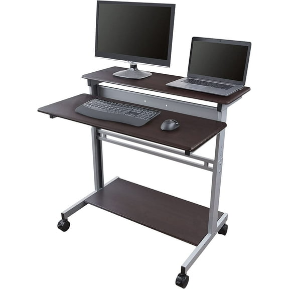 Stand Up Desk Store Rolling Adjustable Height Two Tier Standing Desk Computer Workstation (Silver Frame/Dark Walnut Top, 40" Wide)