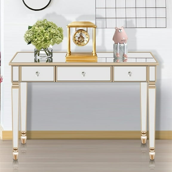Ktaxon Mirrored Console Table,Mirrored Makeup Vanity Table Desk, 3 Drawer Media Console Table for Women Home Office Writing Desk Smooth Finish