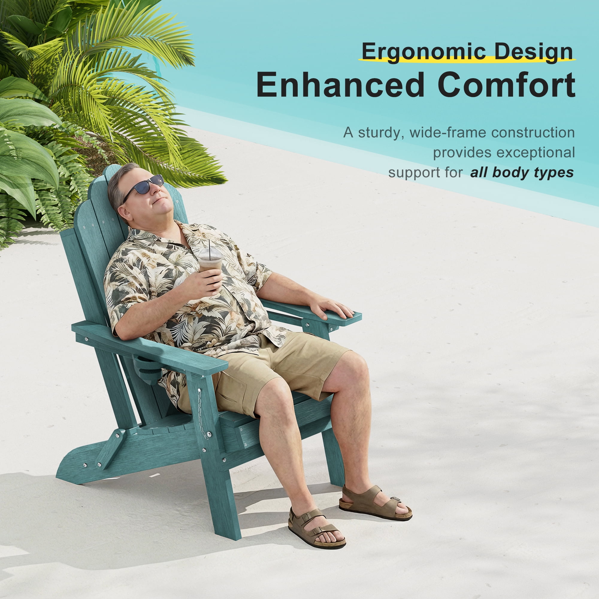 ACEGOSES Foldable Outdoor Adirondack Chair with Cup Holder,Weather Resistant HDPE Plastic for Patio, Fire Pit, Deck, Lake Blue