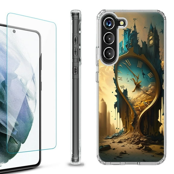 OneToughShield ® for Samsung Galaxy S23  S23 Plus 5G Shockproof Bumper Phone Case, with Tempered Glass Screen Protector - Melting Clock