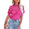 thumbnail image 1 of Asyoly Womens Lace Tops Casual Crochet Puff Short Sleeve Mock Neck Blouses Solid Color Shirts with Separable Cami, 1 of 5