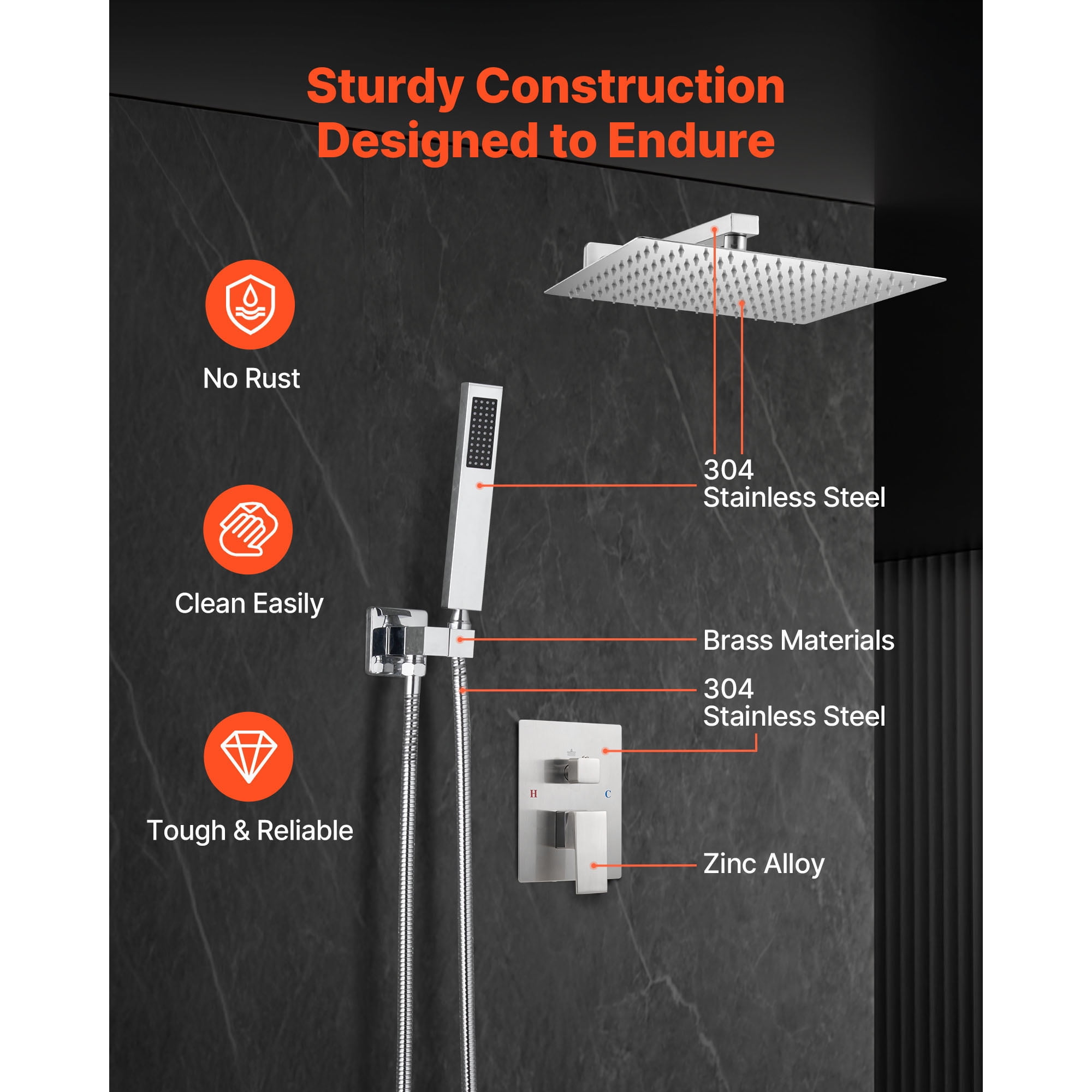 KFFKFF Shower Faucet Set with 12-Inch Square Rain Shower Head and Handheld Spray, Wall-Mounted Bathroom Fixtures with Brass Valve and Trim Kit, Brushed Nickel Finish