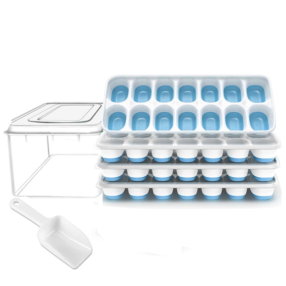 JOGGEIL Ice Cube Tray with Lid and Bin - 4 Pack Silicone Ice Cube Trays for Freezer, Stackable Ice Bucket Kits with Storage Container & Scoop for Kitchen, RV, Cocktail, Coffee