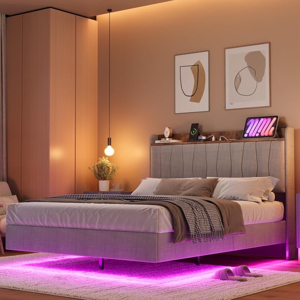 Qinaqin King-Size Floating Cama Frame con LE cm de Profundidad Lights Charging Station Upholstered Platform Almacenamiento Alturaeadboard Madera Slats Support (No Caja Spring Needed) Easy