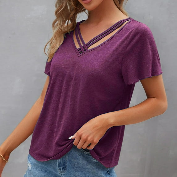 SELONE Oversized T Shirts for Women Plus Size Short Sleeve Tops Blouses Regular Fit T Shirts Pullover Tees Tops Solid T-Shirts V Neck Tops Blouses Ruffle Peplum T Shirts Breathable Pullover Red XXXL