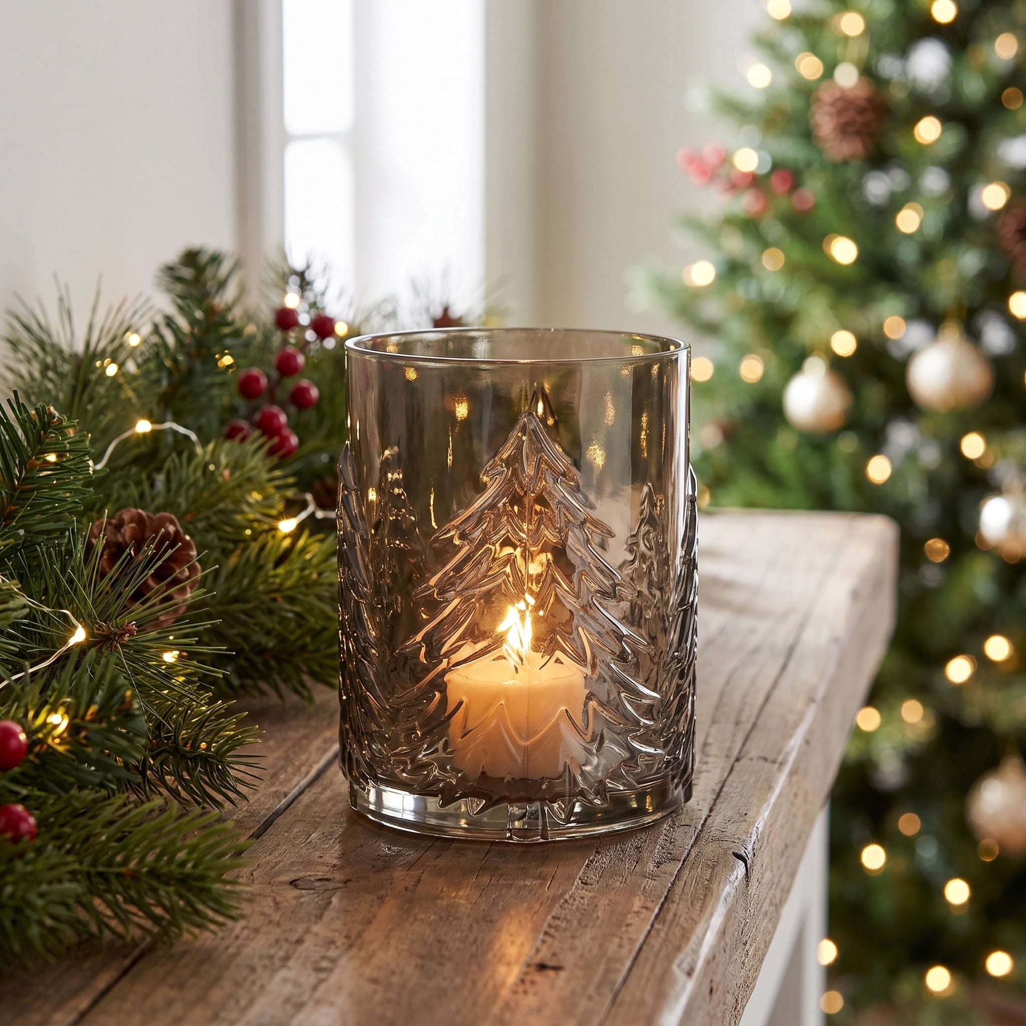 Medium Brown Glass Tree Pattern Christmas Pillar Candle Holder, 6.3", by Holiday Time