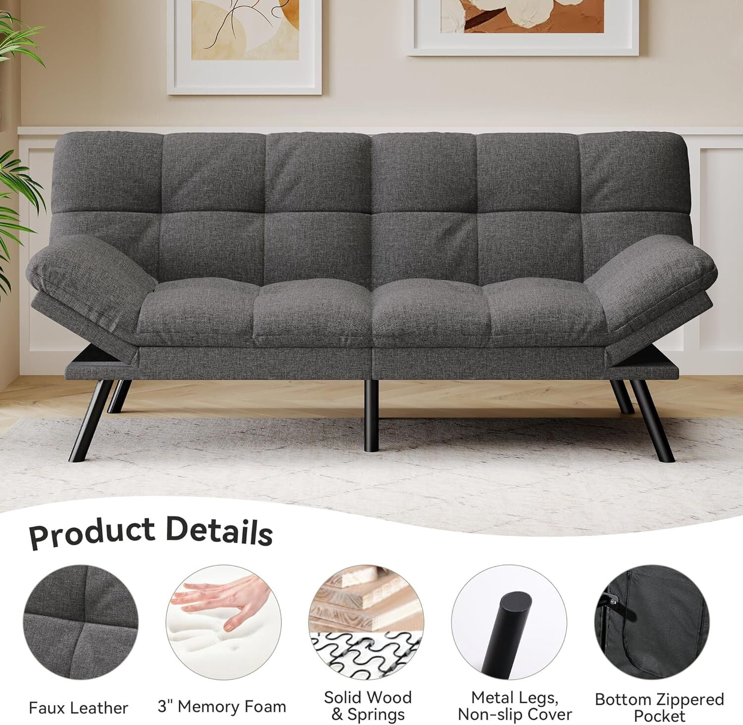 Convertible Futon Sofa Bed, 71" Comfy Loveseat Sleeper Sofa, Thicken Cushion, Comfy Velvet Twin Size Futon Couch Bed for Small Space Bedroom Dorm Office