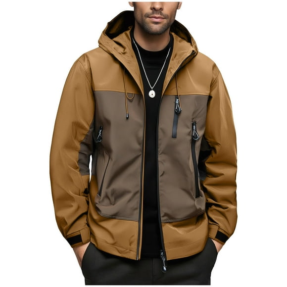 Dagegui Men's Lightweight Windbreaker Jacket with Hood Color Block Hooded Coat for Hiking Fishing Activewear Khaki L