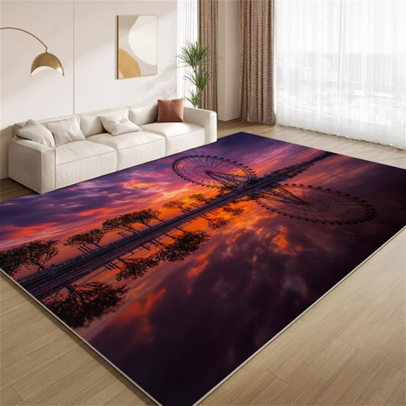 Ferris Wheel Sunset Area Rugs, Purple Sky Landscape Carpet, Washable Non Slip Low Pile Soft Rug for Living Room Entryway Bedroom Decor Mat 2ftx3ft