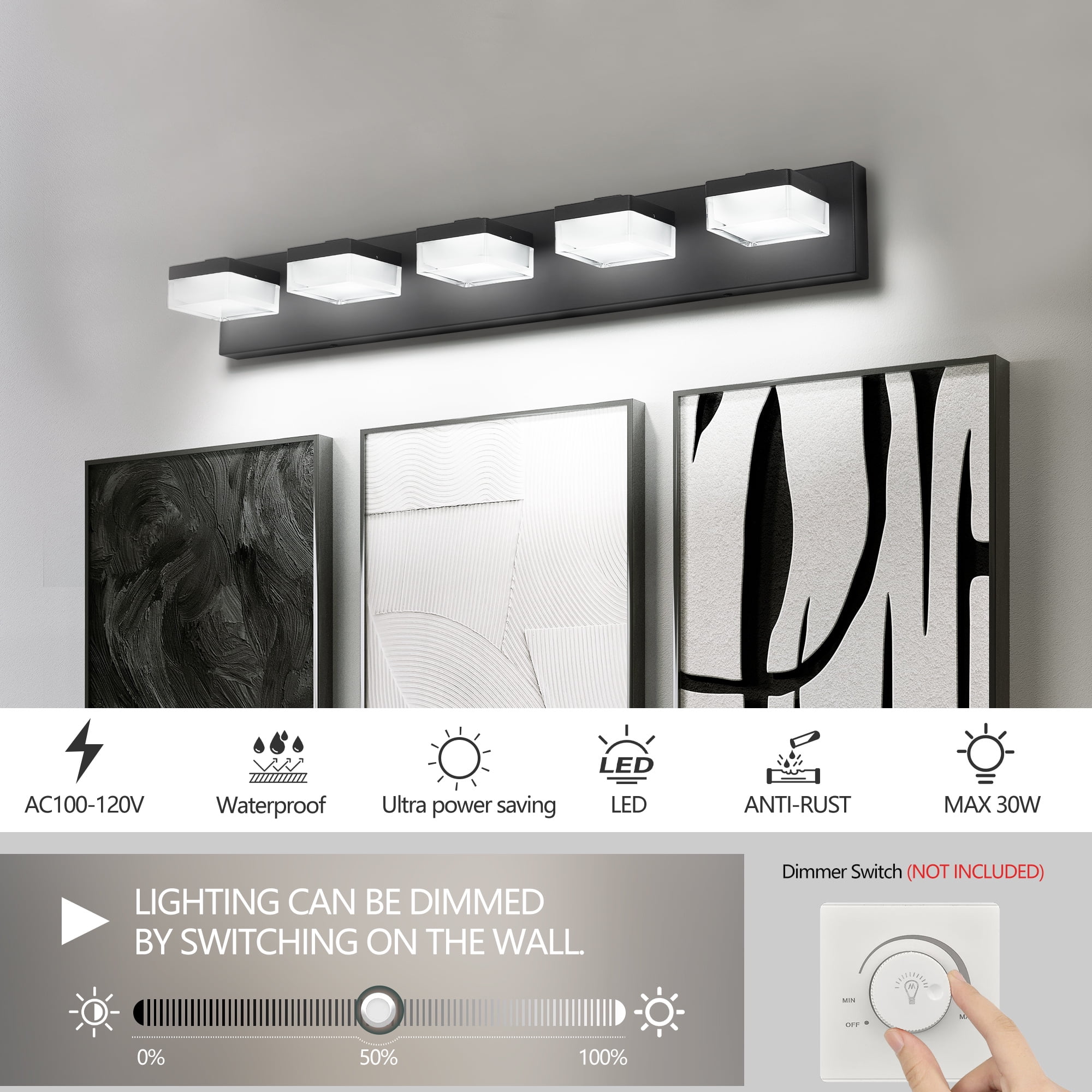 5 Light LED Modern Bathroom Lighting Fixtures Over Mirror 31.5in Dimmable Bathroom Vanity Light Fixture Matte Black