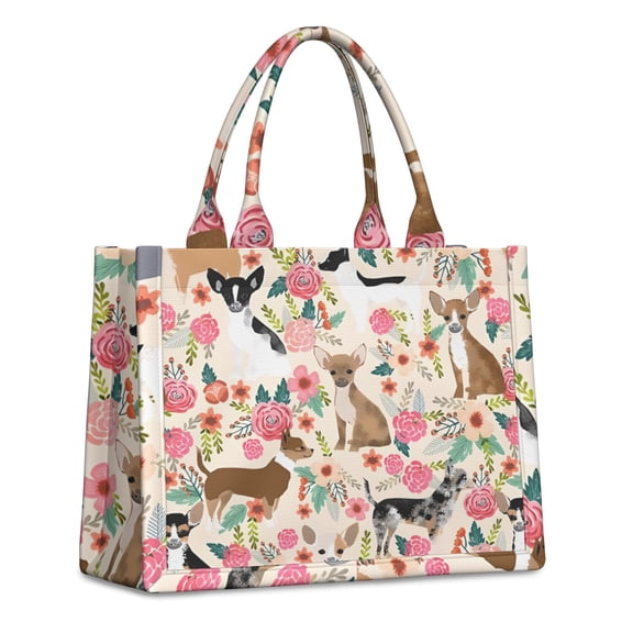 Large Capacity Tote Bag,Chihuahua Dog and Flower Handbag Fashion Luxury Tote Bag,15.7"x13"x 5.1" Inches,Laptop Compatible