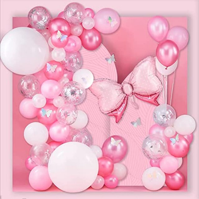 Globos Rosas Paquete de Globos Rosas Globos Rosa Pastel Globos Plateados con Purpurina Globos Blancos Globos de Aluminio con Pajarita y Mariposas Láser para Niñas 87 Piezas