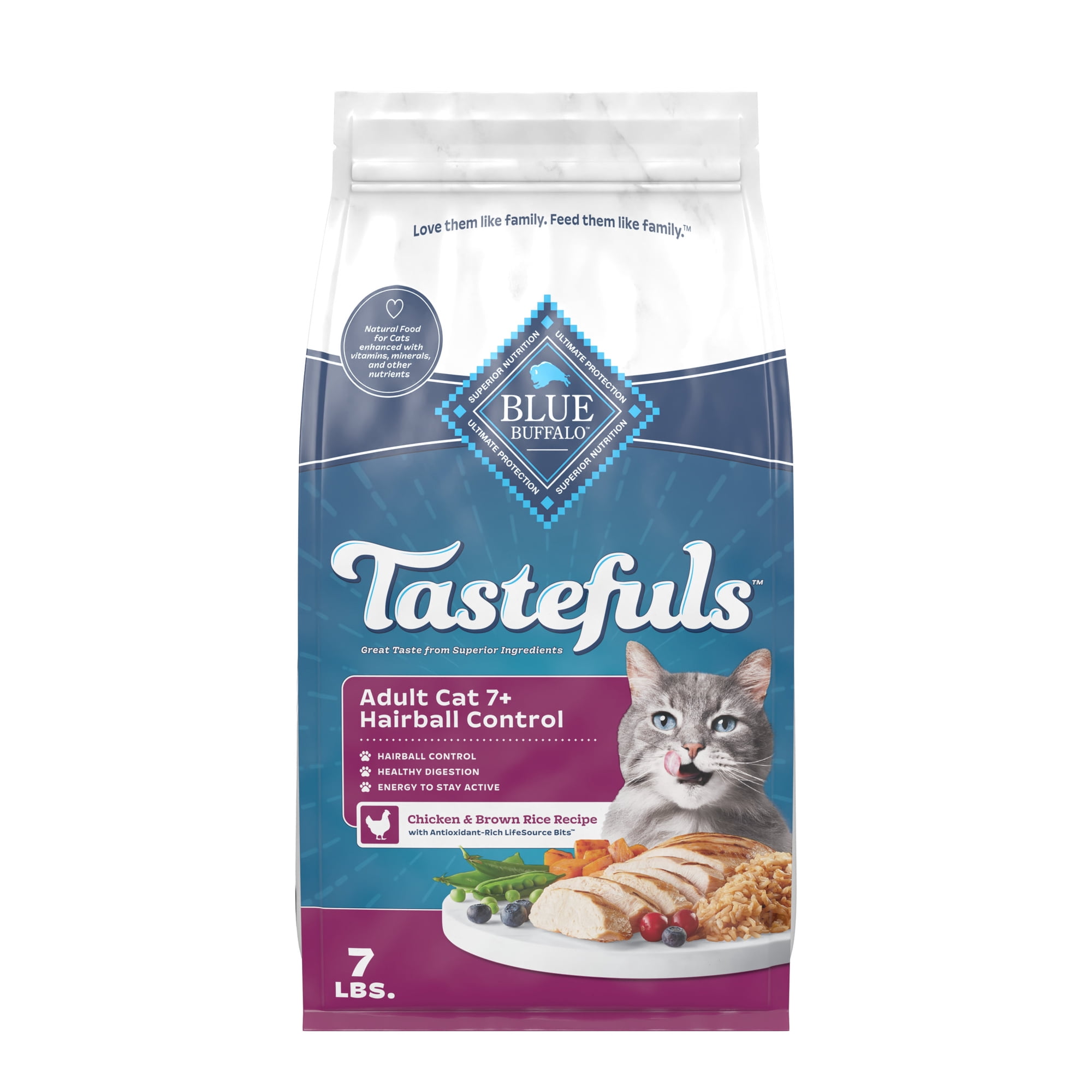 Blue Buffalo Tastefuls Adult Cat 7+ Hairball Control Dry Food, Chicken & Brown Rice, 7lb