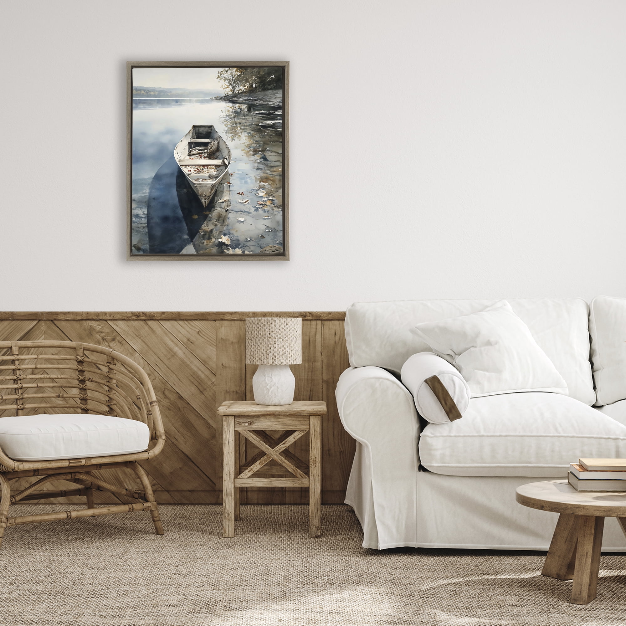 Stupell Industries Boat In The Fall Reflection Brown Framed Floater Canvas Wall Art, design by Franklyn Gregory
