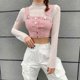thumbnail image 4 of Women Fake 2pcs Sheer Lace Long Sleeve Turtleneck Crop Top with Pink Button Vest, 4 of 4