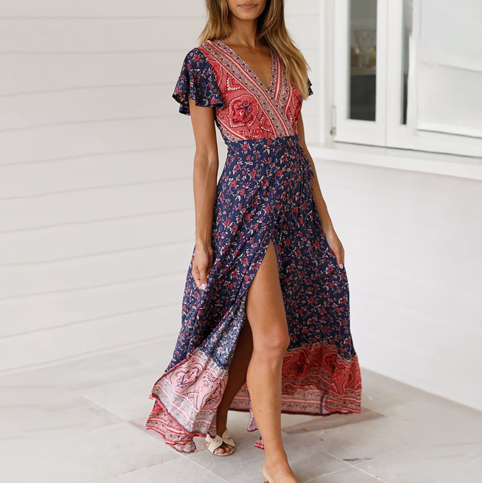 IDALL Summer Dresses,Maxi Dresses Ladies Summer Casual V Neck Floral Print  High Waist Belt Short Sleeve Hem Slit Wrap Dress Casual Dresses,Long Dresses,Modest  Dresses Navy Dress XL - Walmart.com