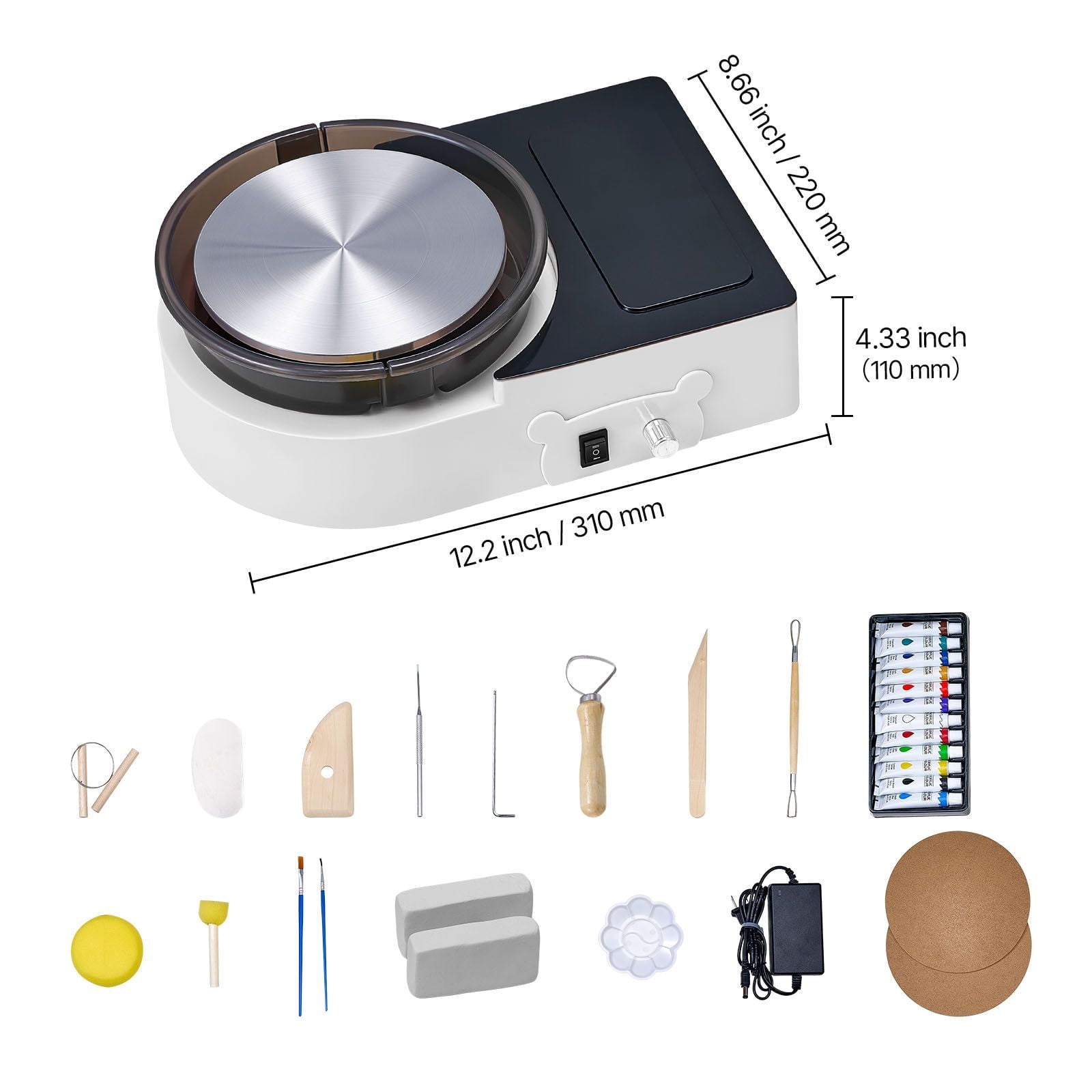 Mini Pottery Wheel, 6 inch Turntable, Forward and Reverse Rotation, Adjustable Speed, Electric Clay Wheel for Kids and Adults, with Clay Shaping Tools, for Home DIY, Pottery Classes, White