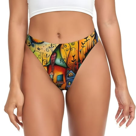 Thongs for Women - Whimsical Colorful Village Street No Show Seamless Womens Thongs Underwear  Stretch G String Thongs for Women  Ladies Breathable Kawaii Thong Bikini Panties Briefs