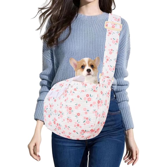 Dog Sling Carrier,Hand Free carrier for Small Dogs and Cats, Adjustable Puppy Carrier for Outdoor Traveling, Breathable Red Flower