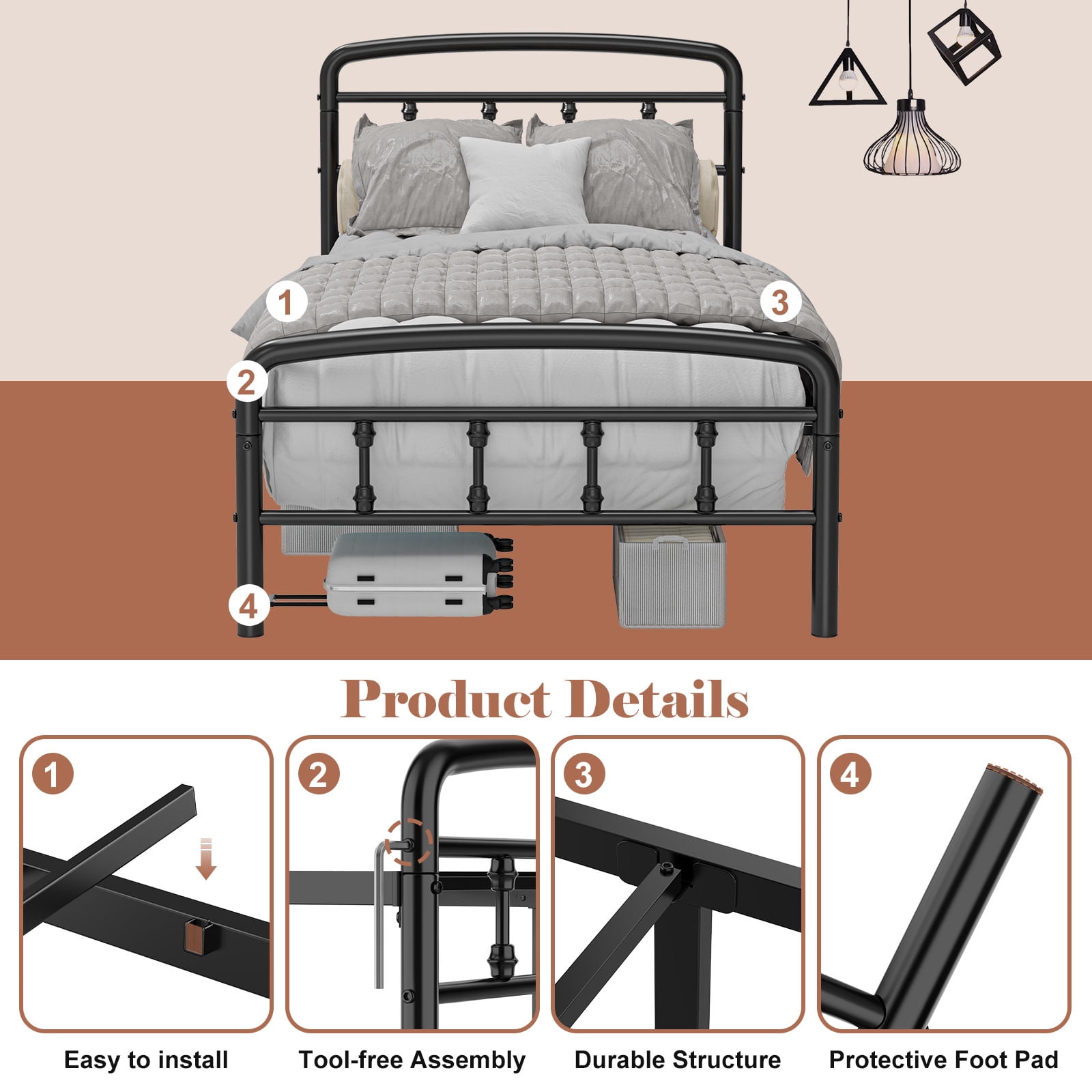 Metal Twin Bed Frames, Victorian Style Headboard and Footboard, No Squeak, Heavy Duty 1500lbs Support, Easy 20-Min Tool-Free Assembly, No Box Spring Needed/Underbed Storage