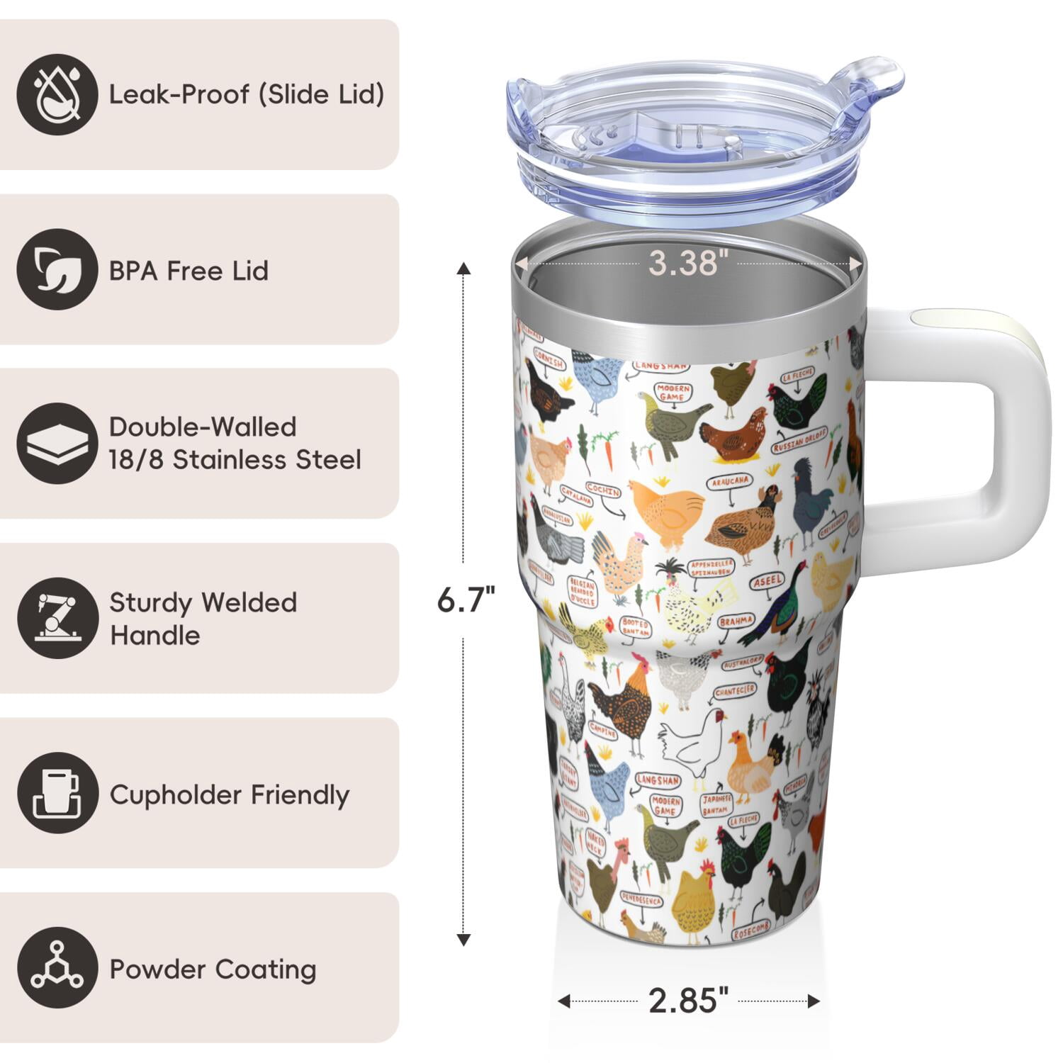 20oz Poultry Chicken Tumbler with Handle Insulated Travel Mug Classic Birthday Christmas Gift for Chicken Enthusiasts Women Men Cup Holder Friendly Wide Mouth for Ice Hot Coffee Cold Water All Day