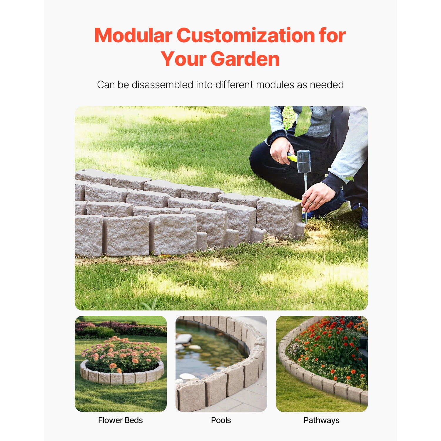 KFFKFF Faux Stone Garden Edging, 46.8 x 3.9 in Realistic Lawn Border, Flexible Brick-Style Landscape Edging with Anchoring Spikes, Durable Yard Edging for Pathways and Driveways, Brown