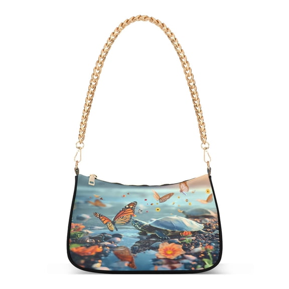 Ryvnso Butterflies Turtle Landscape Womens Chain Shoulder Bag Tote Handbags Clutch Hobo Purse with Zipper for Travel