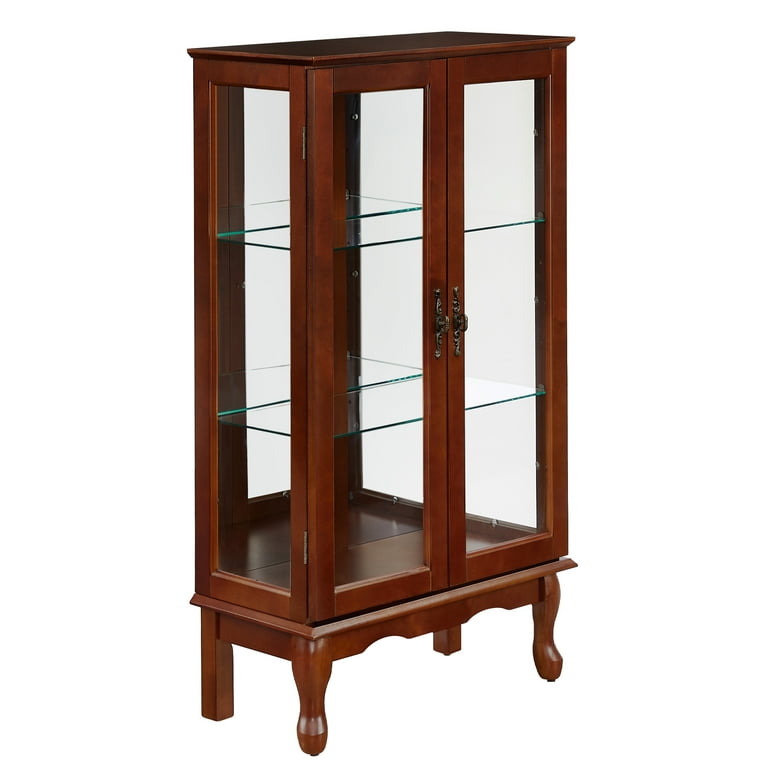 Curio Cabinet Lighted Curio Diapaly Cabinet with Adjustable Shelves and Mirrored Back Panel Tempered Glass Doors Cherry 3 Tier E26 light bulb