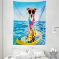 thumbnail image 1 of Ride The Wave Tapestry, Dog in the Ocean Surfing Cool Puppy Swimming Comic Coastal Animal Picture, Wall Hanging for Bedroom Living Room Dorm Decor, 60W X 80L Inches, Blue Yellow, by Ambesonne, 1 of 2