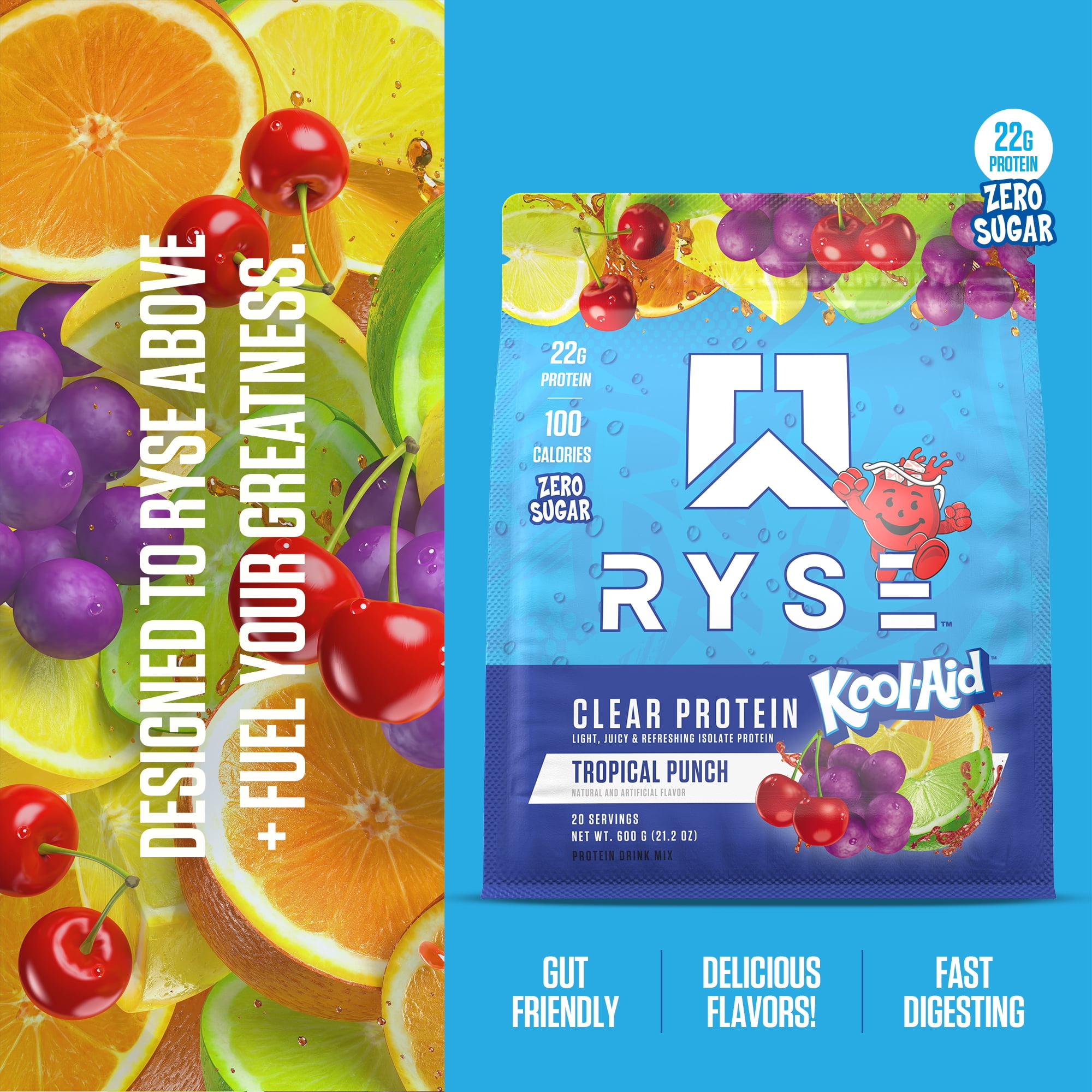 RYSE Clear Whey Isolate Protein Powder - Kool-Aid Tropical Punch - 20 Servings Bag