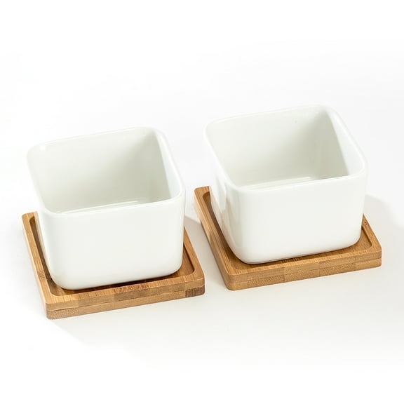 K-Cliffs Set of 2 White Square Ceramic Succulent  Pots with Bamboo Trays,  2 3.7L x 3.7W x 2.6H inches; Pot - 3.4L x 3.4W x 2.6H inches; Bamboo Saucer - 3.7L x 3.7W x 0.5H