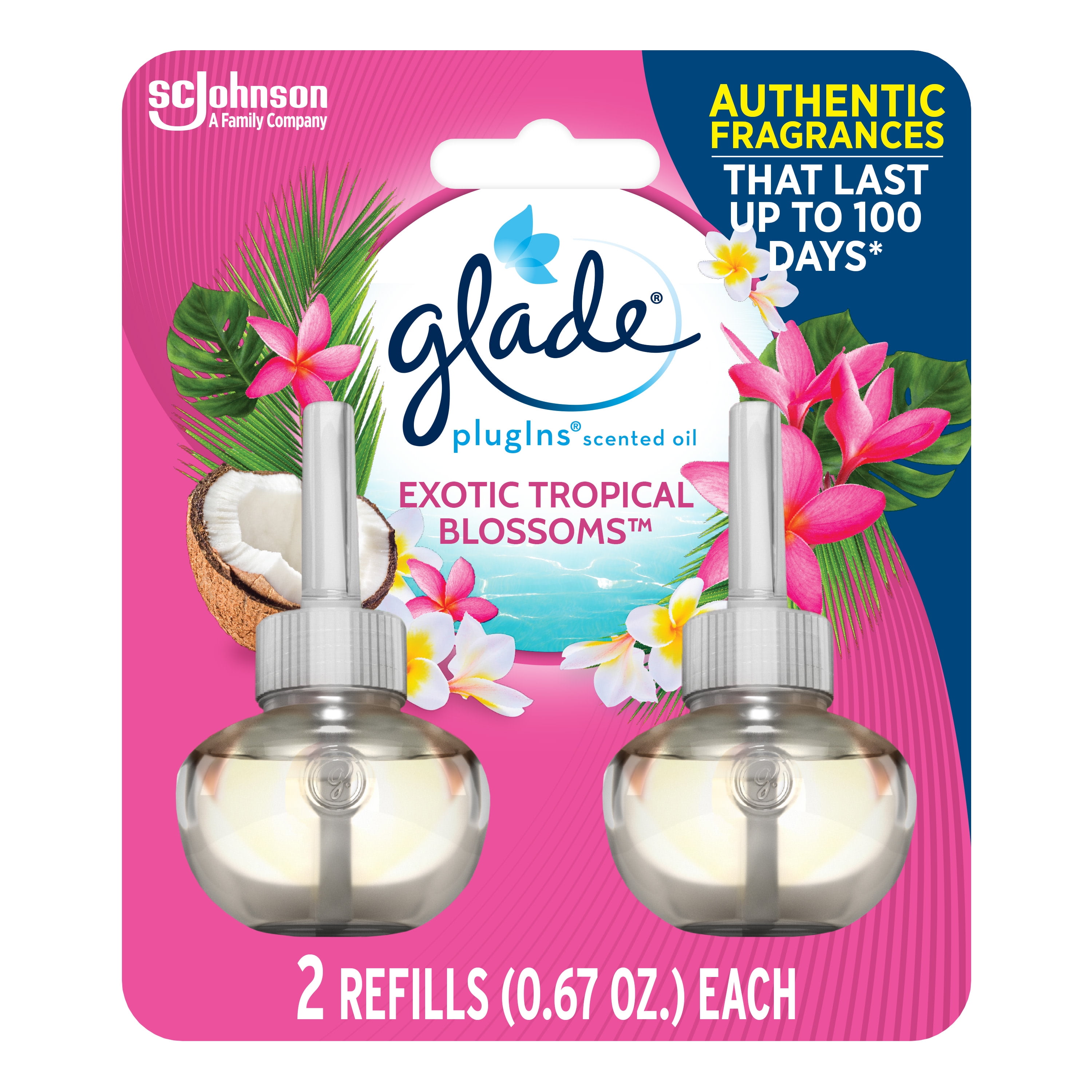 Glade PlugIns Refill 2 CT, Exotic Tropical Blossoms, 1.34 FL. OZ. Total, Scented Oil Air Freshener Infused with Essential Oils