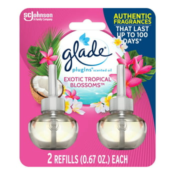 Glade PlugIns Refill 2 CT, Exotic Tropical Blossoms, 1.34 FL. OZ. Total, Scented Oil Air Freshener Infused with Essential Oils