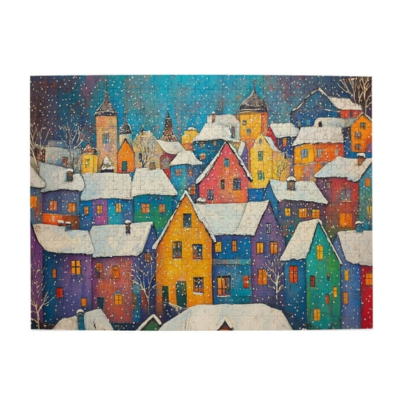 500 PCS 500 Piece Funny Puzzles Winter Snow Scenery In The Small Town,Brain Challenge,Impossible Hard Difficult Challenging Puzzles For Adults,Vintage Art Wooden Jigsaw Puzzles 500 Piece
