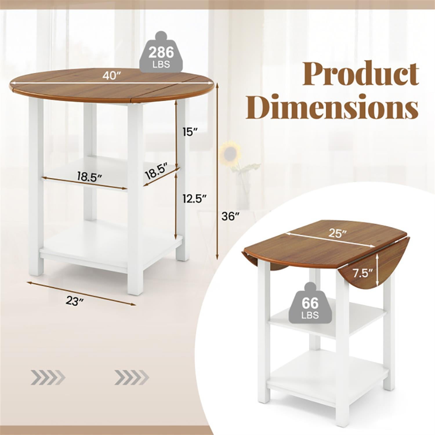 Demi Bonn 40" Modern Dining Table with 2 Shelves, Kitchen Table for 2-4 People, Folding Round Dinner Table for Home Office, Living Room Furniture, Brown